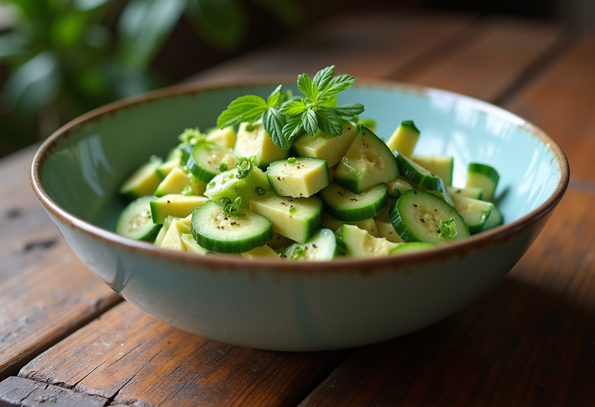 Fresh and colorful Cucumber Avocado Salad ready to serve.