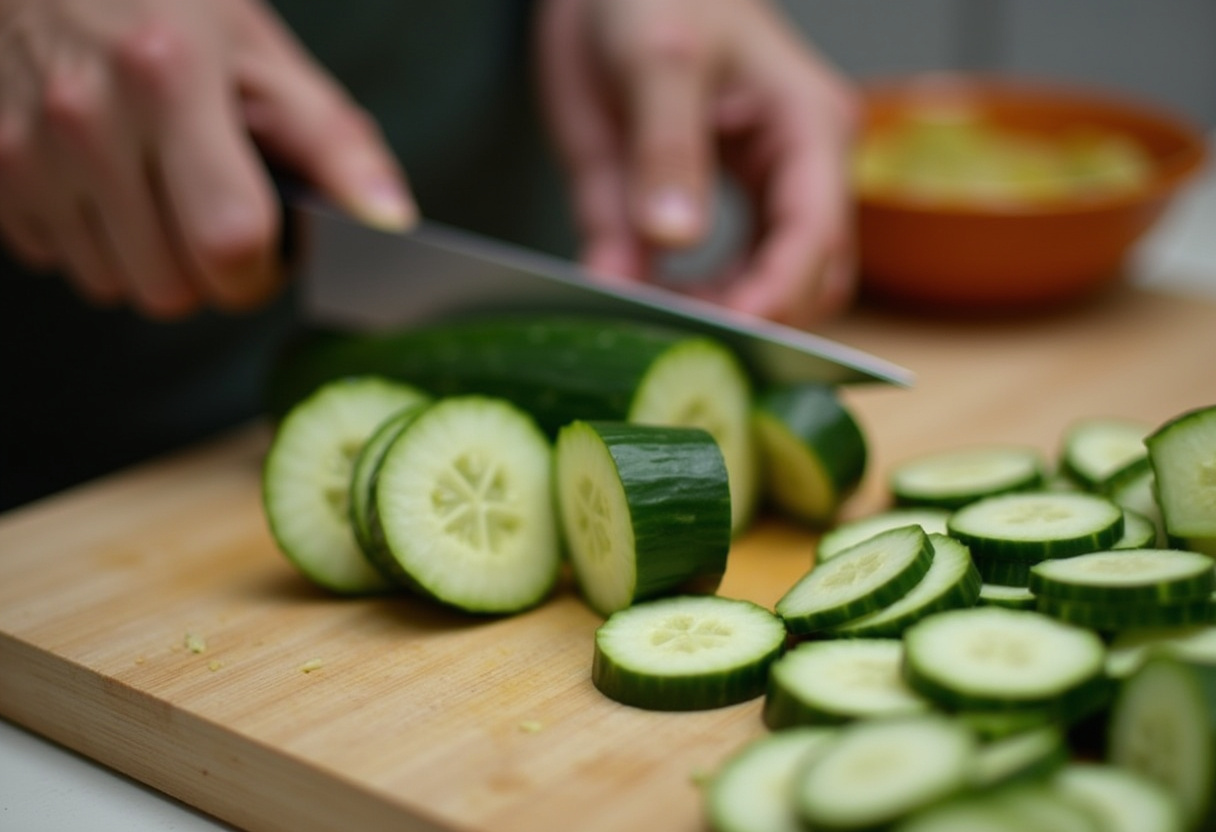 Fresh cucumbers being sliced for Cucumber Avocado Salad.