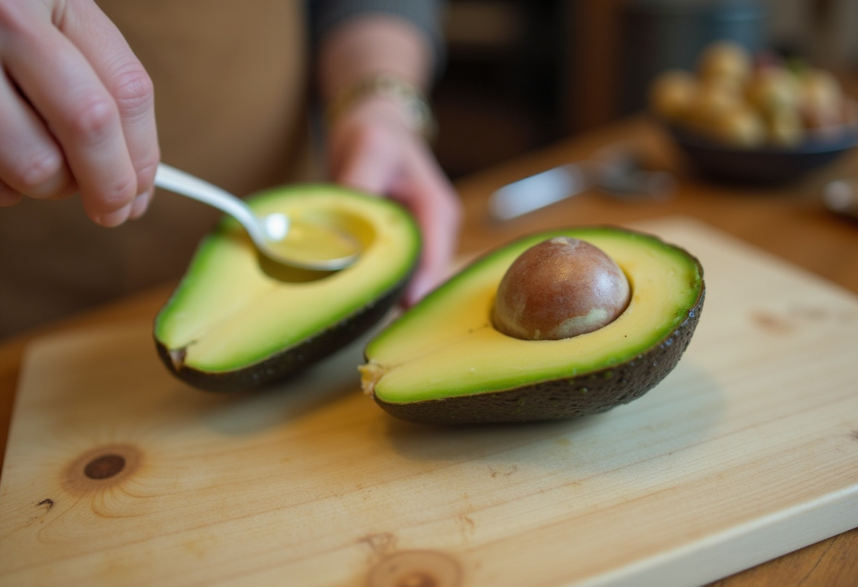 Ripe avocado being prepared for Cucumber Avocado Salad.