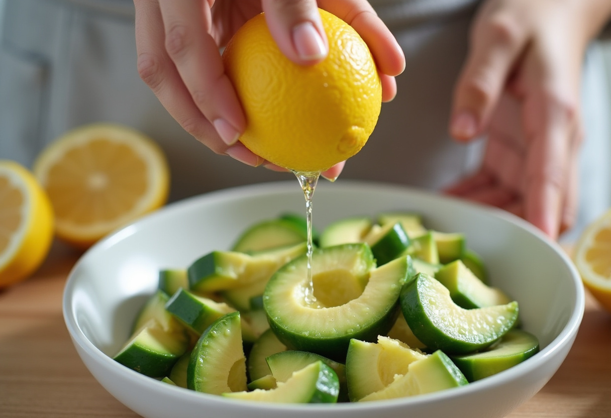 Fresh lemon juice being added to Cucumber Avocado Salad.
