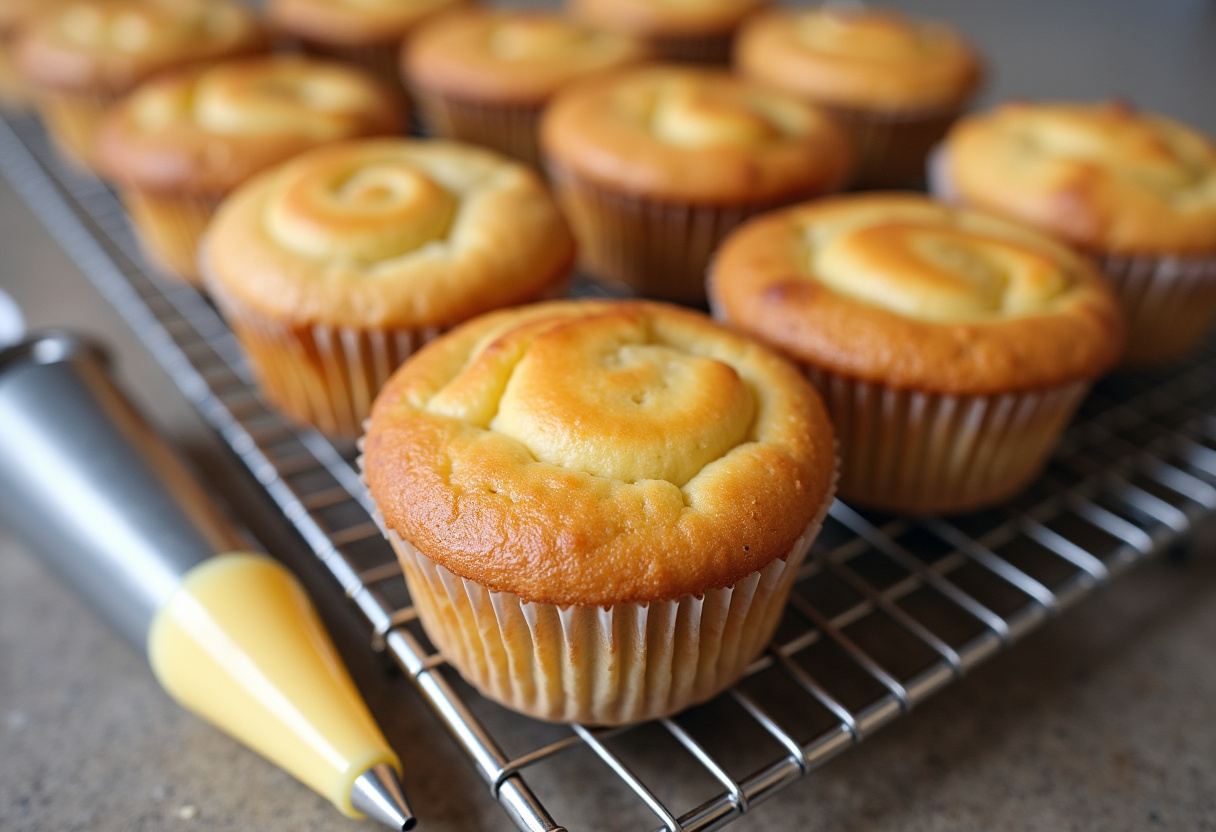 Freshly baked cupcakes cooling for Boston Cream Pie Cupcakes assembly.